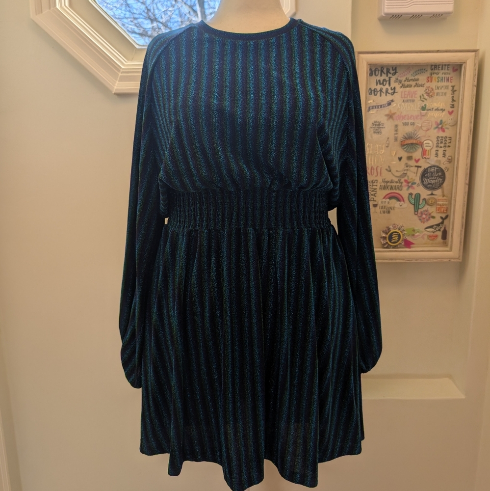 Black, blue, and green metallic stretch mini dress with long sleeves